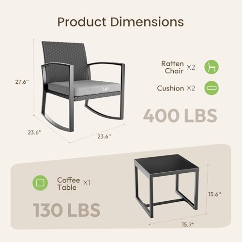 Rocking Patio Bistro Sets - All-Weather - 3 Piece Rattan Conversation Furnitu...