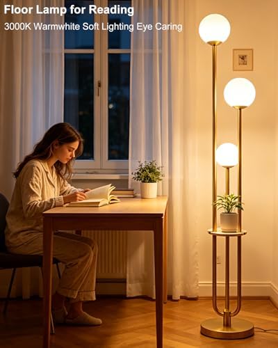 Lightdot Gold Globe Floor Lamp 3-Lights Dimmable Floor Lamps with Tray& B...