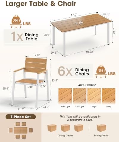 Outdoor Dining Set for 6, Aluminum Patio HDPS Outdooor Table and Chairs Set w...