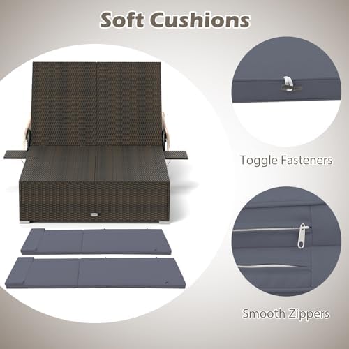 RELAX4LIFE Outdoor Rattan Daybed w/Canopy - Wicker Double Chaise Lounge w/6-P...