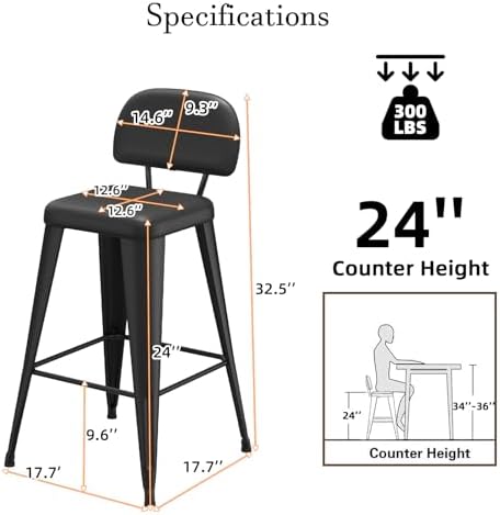 24 Inch Metal Bar stools Set of 4, Upholstered Counter Height Bar Stools with...