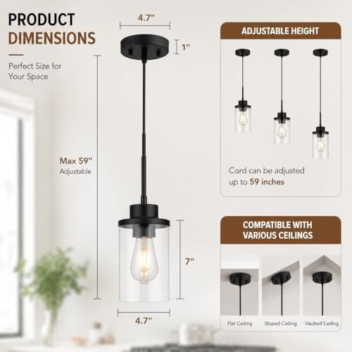 Black Farmhouse Clear Glass Cylinder Pendant Light, Modern Hanging Fixture (3...