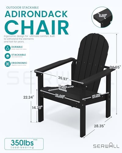 SERWALL HDPE Stackable Adirondack Chairs Set of 2,Space-Saving, Black