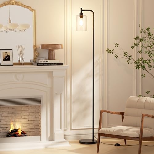 Ziisee Industrial Floor Lamp with Glass Shade - Black, LED Bulbs, Foot Pedal ...