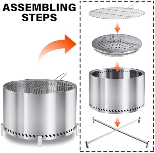 HGD 27.5" Smokeless Fire Pit with Stand & Grill Rack, Large Stainles...