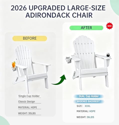 Plawdlik Oversized Folding Adirondack Chair, HDPE All-Weather Patio Chair wit...