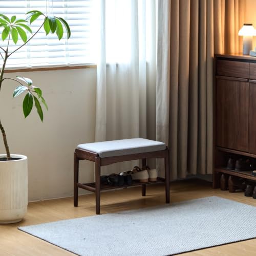 Black Walnut Shoe Bench Assembled, Solid Wood Shoe Rack Bench with Cushion fo...
