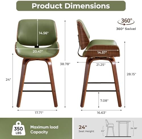 Swivel Bar Stools Set of 2,24" Upholstered Faux Leather Barstools,Mid Ce...