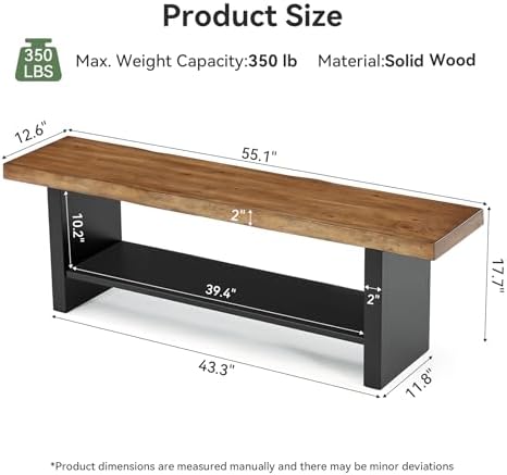 55" Solid Wood Bench with Shoe Storage, 2-Tier Farmhouse Entryway Bench,...