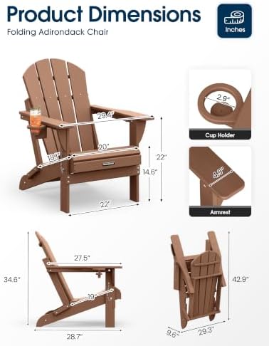 MUCHENGHY Folding Adirondack Chairs Set of 2, HDPE Patio Chair, Teak