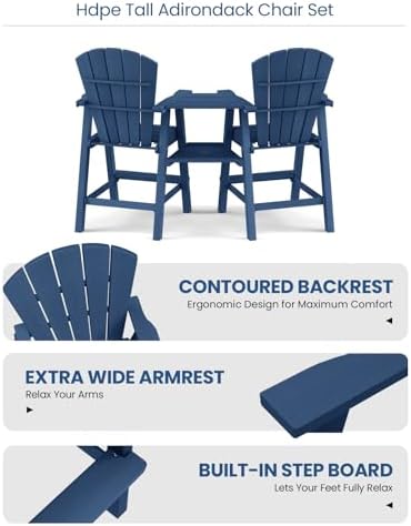 Ciokea Tall Adirondack Chairs Set of 2 with Connecting Trays, Navy Blue