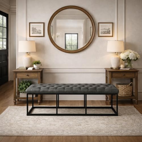 HomePop 52" Button Tufted Decorative Bench with Metal Base - Gray Faux L...