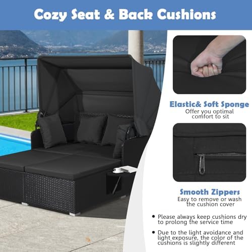 Tangkula Patio Rattan Daybed with Retractable Canopy, Outdoor Wicker Sunbed L...