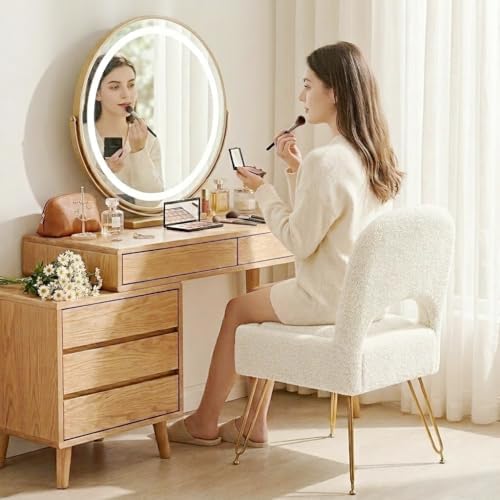 Vanity Stool with Storage & Folding Backrest, Cute White Faux Fur Makeup ...