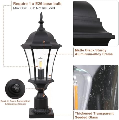 24 Inch Large Dusk to Dawn Outdoor Post Lights Aluminum Black Exterior Post P...
