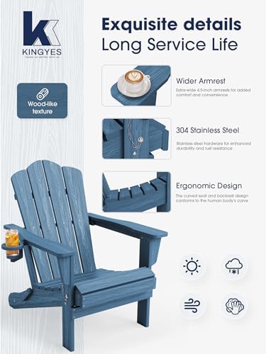 KINGYES Folding Adirondack Chair Set of 2 with Cup Holder, Navy