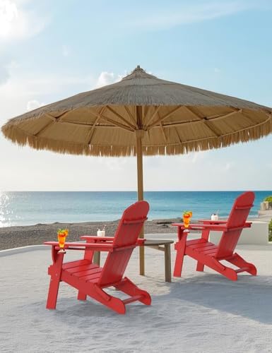Folding Adirondack Chair, Wooden Textured Plastic Adirondack Chairs with 2 Cu...