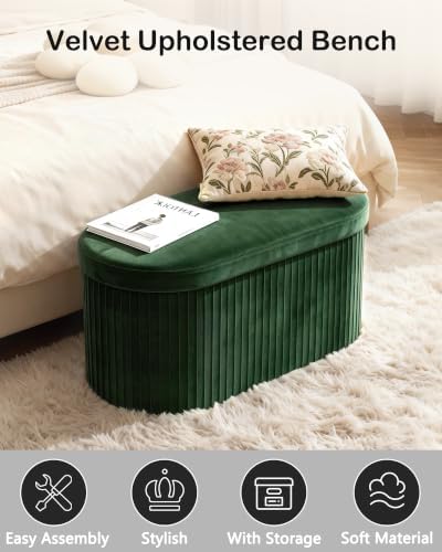 GLAXYFUR Folding Ottoman with Storage, Oval Velvet Storage Bench, Green