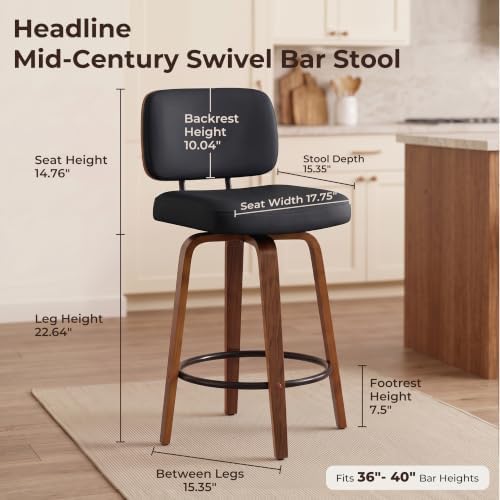 Counter Height Bar Stools Set of 2, 26+inch Swivel Faux Leather Barstool with...