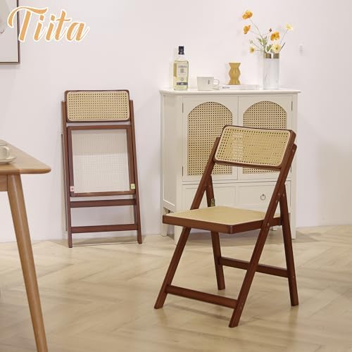 Tiita Rattan Folding Dining Chairs Set of 2, Bamboo Frame, Walnut