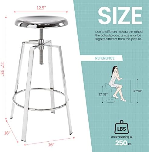 Atlas Industrial Bar Stools Set of 2, Adjustable Swivel Metal, Chrome
