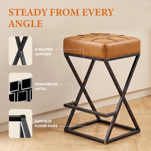 Bar Stools Set of 3, 26 Inch Counter Height Stool Faux Leather Brown