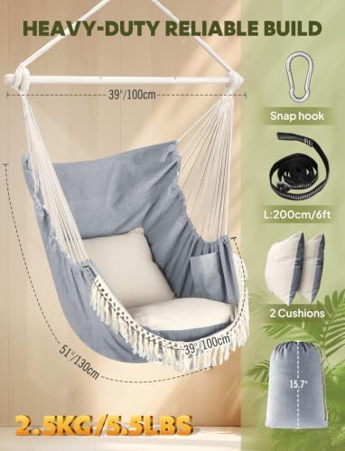 Chihee Hammock Chair Max 500 Lbs 2 Cushions Spreader Bar Strap Carabiner