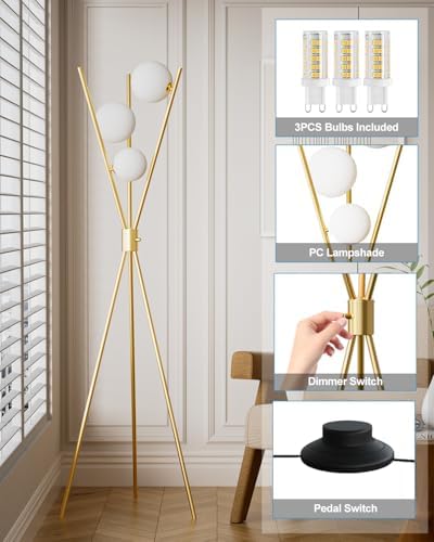 Lightdot Tripod Floor Lamp Stepless Dimmable Globe Modern Floor Lamp Gold Sta...