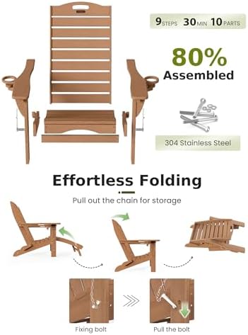 Ciokea HDPE Folding Adirondack Chair with Footrest,Teak,2