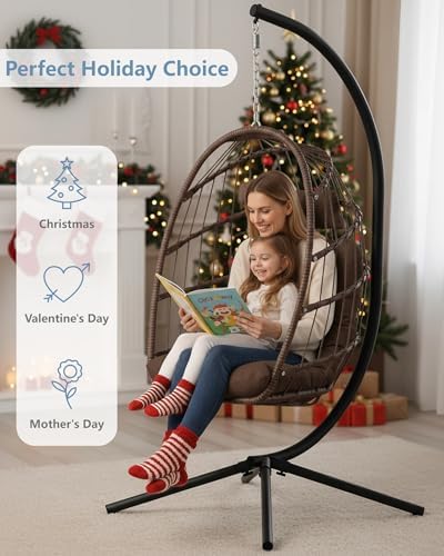 SWITTE Egg Chair Outdoor with Stand, Indoor Wicker Hanging Egg Swing, Brown