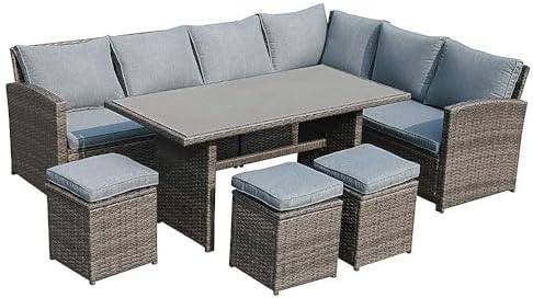 JOIVI 7 Piece Wicker Patio Furniture Set w/Dining Table & Ottomans, Gray