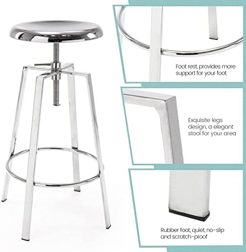 Atlas Industrial Bar Stools Set of 2, Adjustable Swivel Metal, Chrome