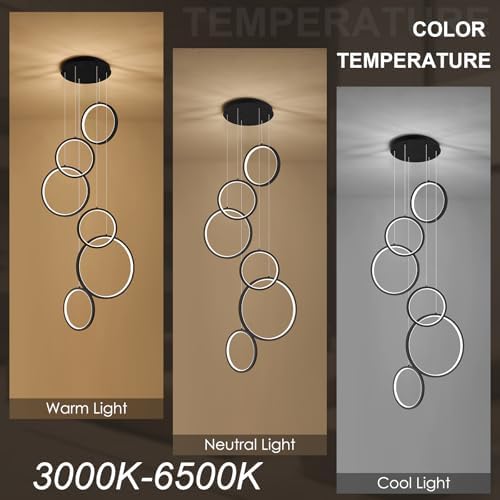 Benkut Modern LED Chandelier 6 Ring Black LED Pendant Light Adjustable Height...