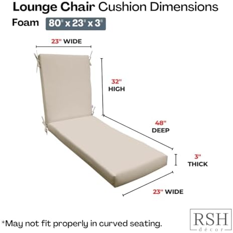 RSH DECOR Sunbrella Foam Chaise Lounge Seat Cushion | 80” x 23” x 3” | Sunbre...