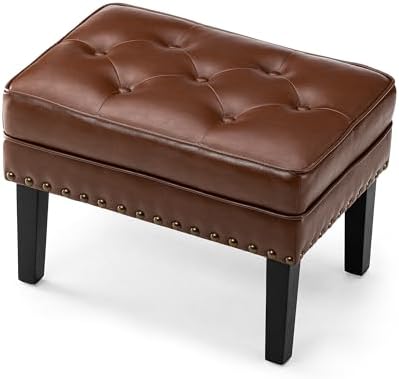 Glitzhome Mid-Century Faux Leather Ottoman, Modern Accent Stool PU Leather Fo...