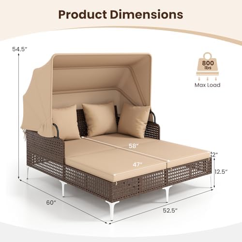 Tangkula Outdoor Rattan Daybed with Retractable Canopy, Boho Patio Wicker Sun...