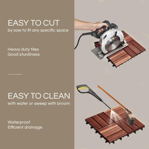 THYOI Acacia Wood Interlocking Deck Tiles (12" x 12"), Deck Floorin...