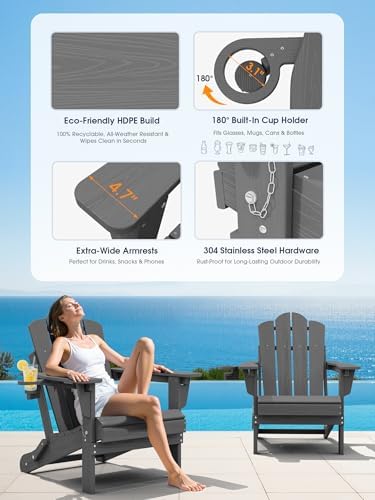 KINGYES Adjustable Adirondack Chairs Set of 2, Folding Outdoor Chair, Gray