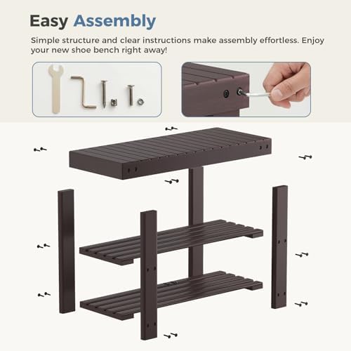 DUMOS Wooden Shoe Rack Bench with Storage, 3-Tier Bamboo Entryway Benches, Sh...
