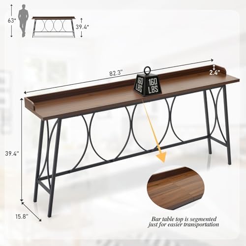 Karl home 82.3" Bar Table, Counter Height Table with Back Rail, Brown