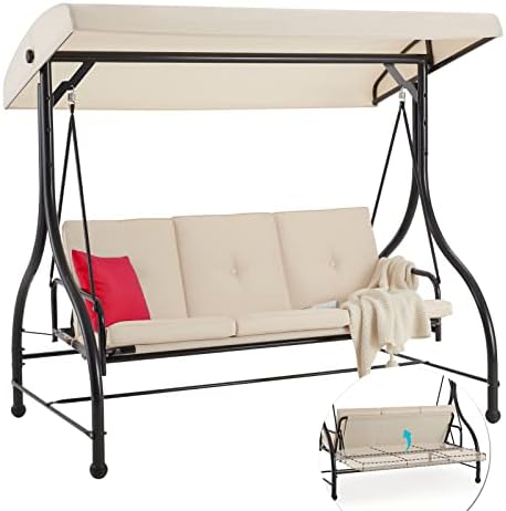 AECOJOY 3-Seat Outdoor Patio Swing With Canopy, Converting Porch Hammock, Adj...