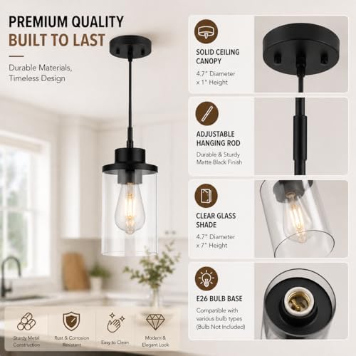 Black Farmhouse Clear Glass Cylinder Pendant Light, Modern Hanging Fixture (3...