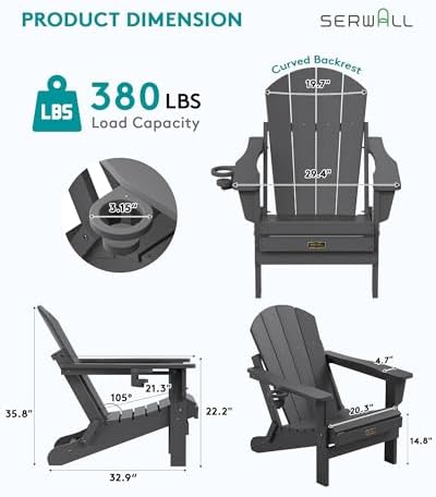 SERWALL Folding Adirondack Chair with Cup Holder Set of 4, Fire Pit - Gray