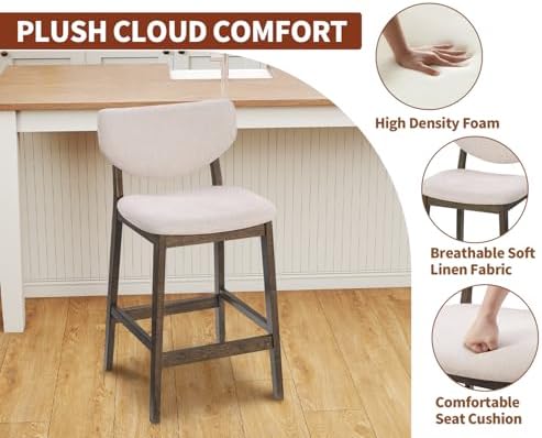 PrimeZone 26 Inch Kitchen Counter Height Barstools Set of 2, Walnut & Beige
