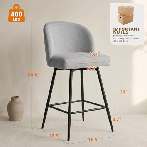 Counter Height Bar Stools Set of 2, 360° Swivel Upholstered Barstools with Ba...