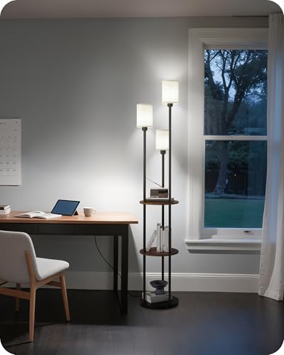 70.9" Floor Lamp with Shelves, Modern Floor Lamp with 3 Linen Shades and...