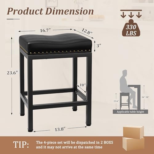 GRUSIGN 24 Inch Bar Stools Set of 4, Counter Height PU Leather Kitchen Chairs...