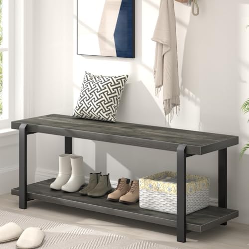 EXCEFUR Industrial Entryway Bench with Storage, Rustic Wood and Metal Shoe Ra...