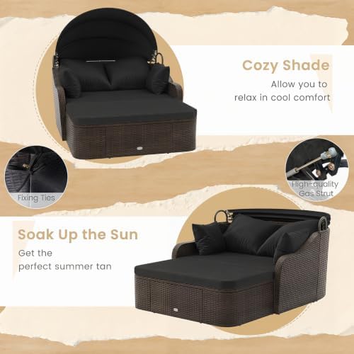 Tangkula PE Rattan Patio Daybed with Retractable Canopy, Double Lounge Bed
