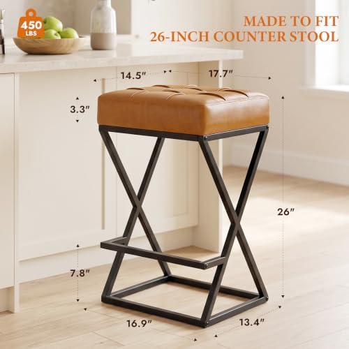 Bar Stools Set of 3, 26 Inch Counter Height Stool Faux Leather Brown